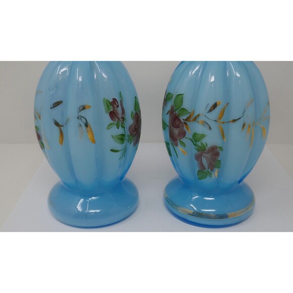 Fenton Melon Hand Painted Floral Blue Glass Vases Gold Trim - Picture 12 of 13